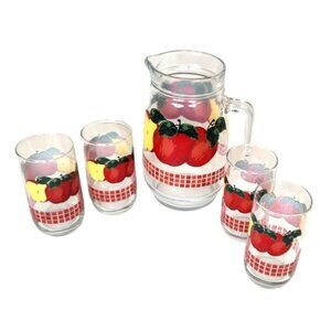 Vintage 1970s KIG Malaysia Apple Glass Pitcher Set 48oz Iced Tea Juice Glasses F